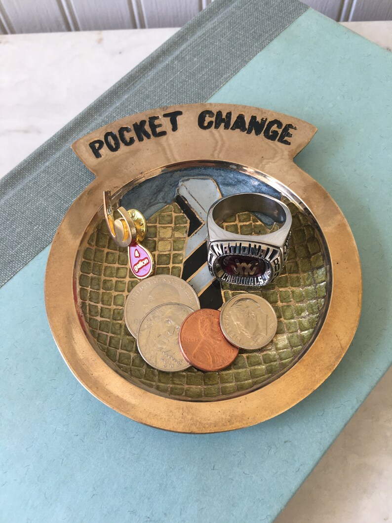 Mid Century Brass Pocket Change Dish: Shirt & Tie Valet Tray, Dresser Top Catch All image 5