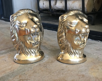 Vintage Brass Lion Head Bookends: Mid-Century Roaring Lions, 5.75"