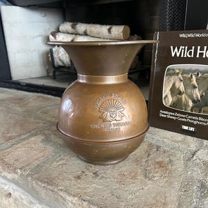 May include: A vintage copper-coloured tobacco container with the text "Redskin Brand Chewing Tobacco Cut Plug." The container has a bulbous body and a flared top. A book titled "Wild Horses" is visible in the background.