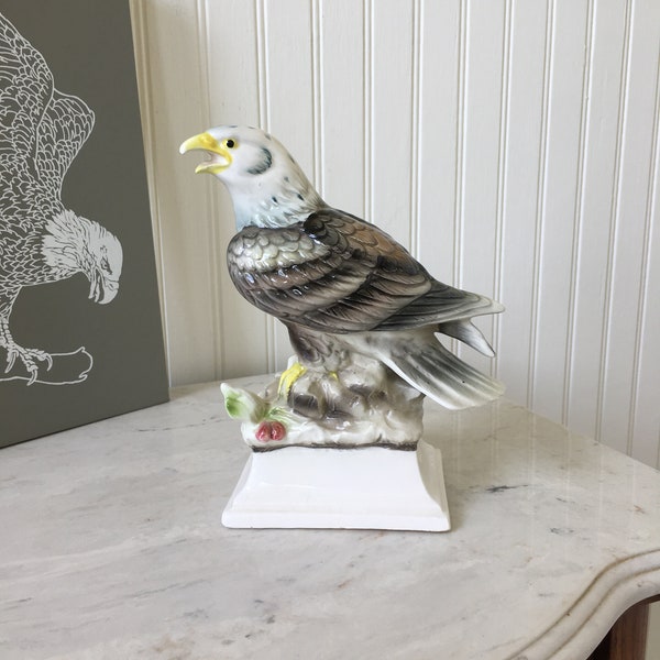 Vintage 6.75" Ceramic Handpainted Eagle Figurine, TILSO Handpainted Eagle Statue, Made in Japan, Eagle Sculpture, Porcelain Perched Eagle