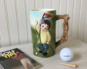 Vintage 6&quot; Ceramic 19th Hole Golfer&#39;s Stein, Golf Mug w/ 19th Hole Flag and Golfer, Golfer Sports Bar Gift, Barware, Tankard, Beer Stein