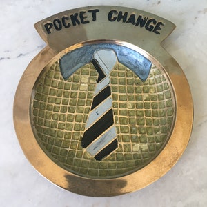 Mid Century Brass Pocket Change Dish: Shirt & Tie Valet Tray, Dresser Top Catch All image 3