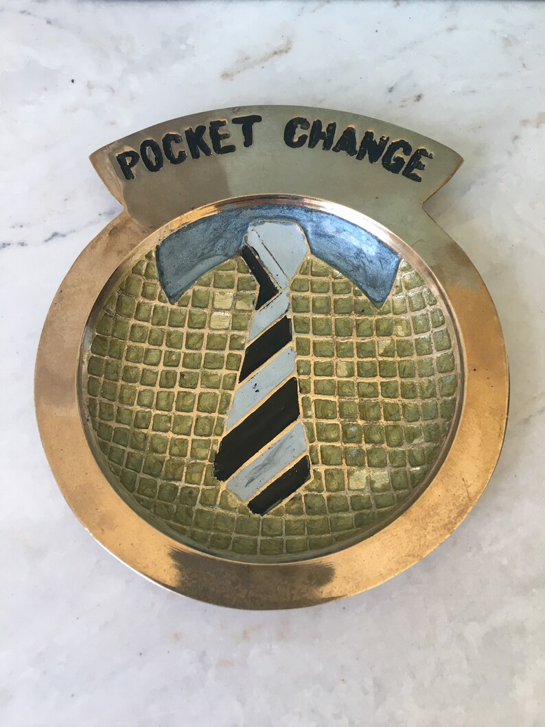 Mid Century Brass Pocket Change Dish: Shirt & Tie Valet Tray, Dresser Top Catch All image 3