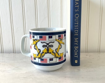 Vintage Anchor Coffee Mug: American & Christian Flags, Bible Verse