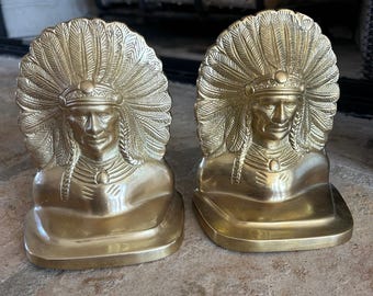 Vintage Brass Indian Chief Bookends, Set of 2, Native American Chief Bookends, Antique Brass Bookends