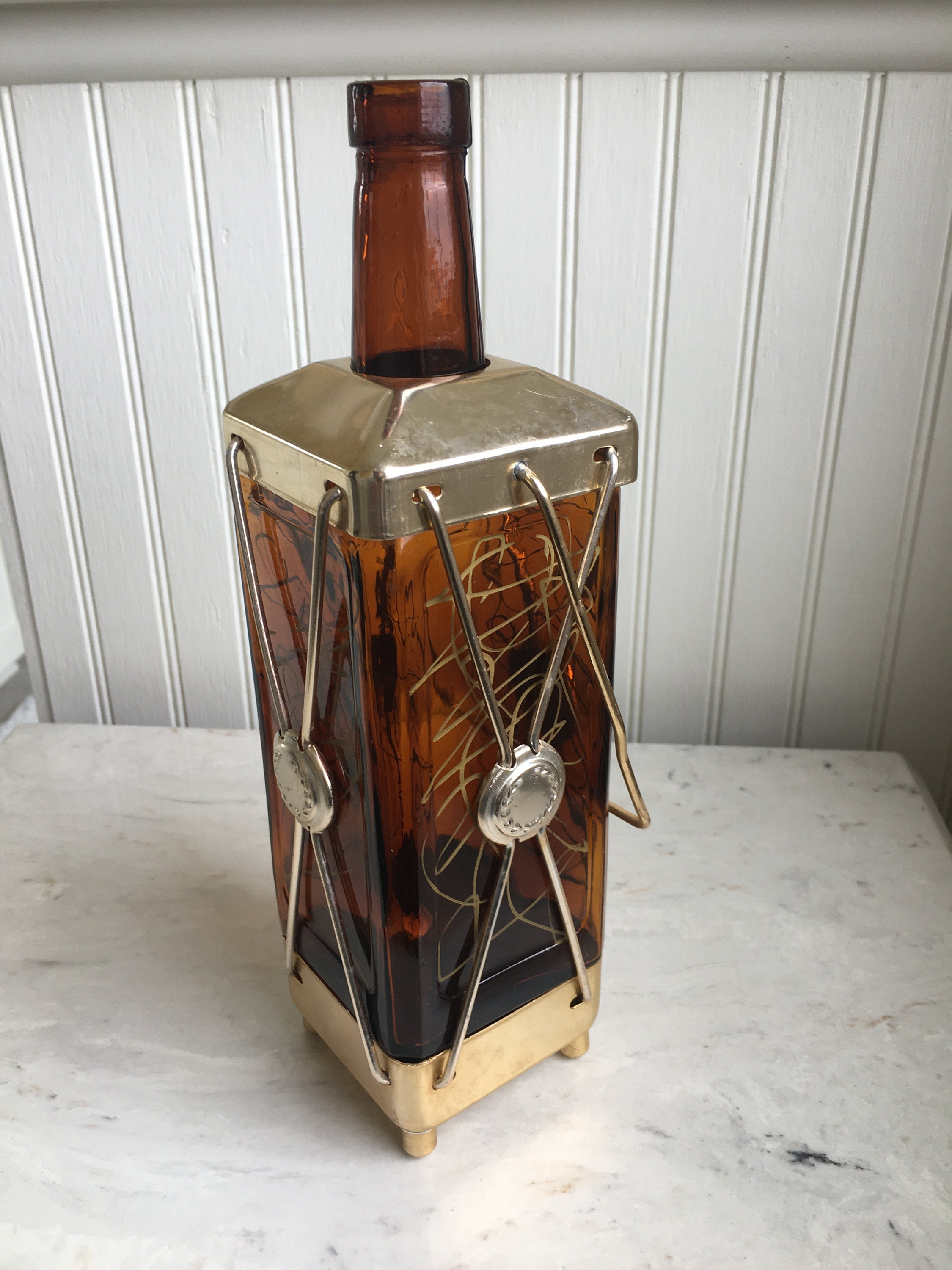 Vintage Music Box Decanter Amber Glass Decanter Gold Metal Etsy