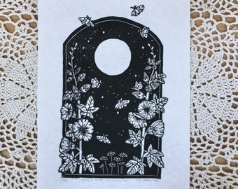 Limited Edition Linocut Print - "Speaking to the Moon" -  Hand Carved Block Print - Hollyhock - Botanical Wall Decor - Original Art