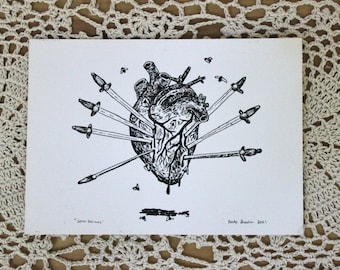 Original Letterpress Print - “Seven Sorrows” - Relief Print -  Anatomical Heart - Original Art - Wall Decor