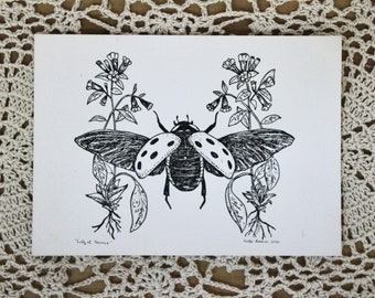 Original Letterpress Print - “Lady of Sorrows” - Relief Print - Ladybug Art - Botanical - Wall Decor - Original Art