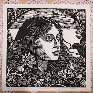 Limited Edition Linocut Print - &quot;Starlings at Dawn&quot; - Hand Carved Block Print - Bird Print - Nature Wall Decor - Original Art