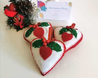 Felt Christmas decoration, heart shaped, with Holly and Heart motive