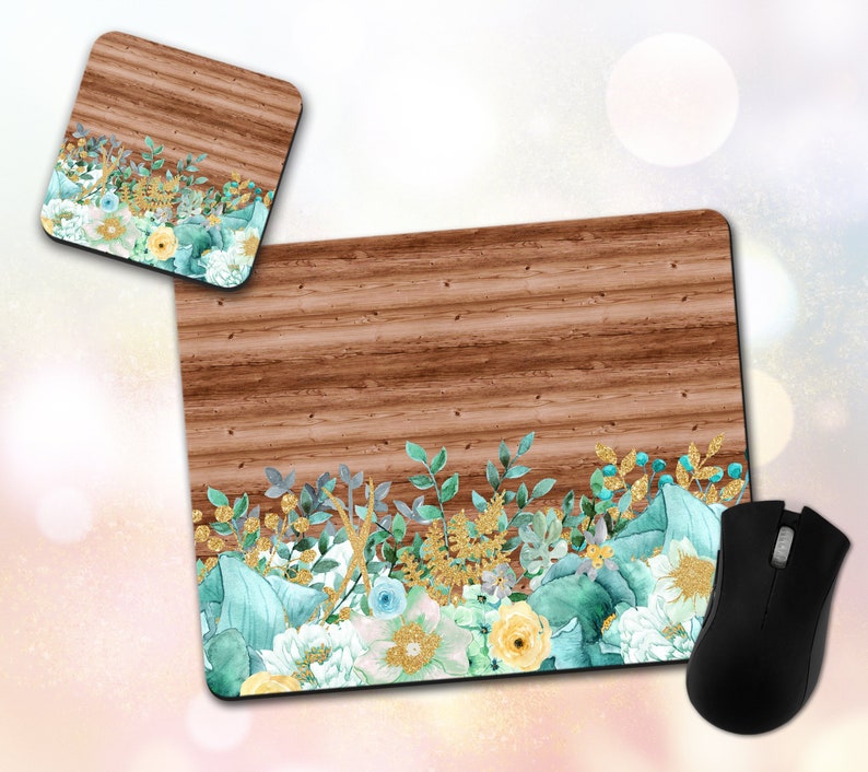 Wood Flowers Floral Mouse Pad /& Coaster Set Mint Green Watercolor Office Decor Desk Accessories Desk Decor Mouse Mat