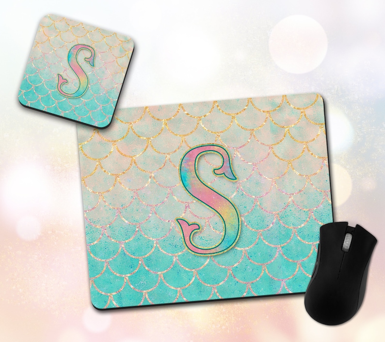 Fishtail Decor ~ Vivid Mermaid Scales Gift Monogram Teal Initial Gold Custom Mouse Pad /& Coaster ~ Personalized Non-Slip