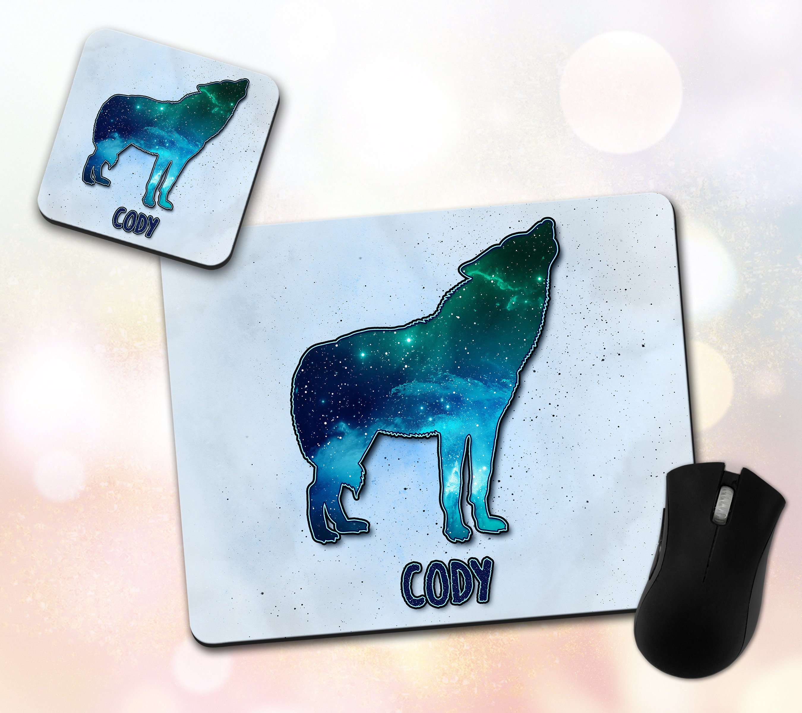 Personalized Wolf Mouse Pad & Coaster Set Watercolor Galaxy Etsy