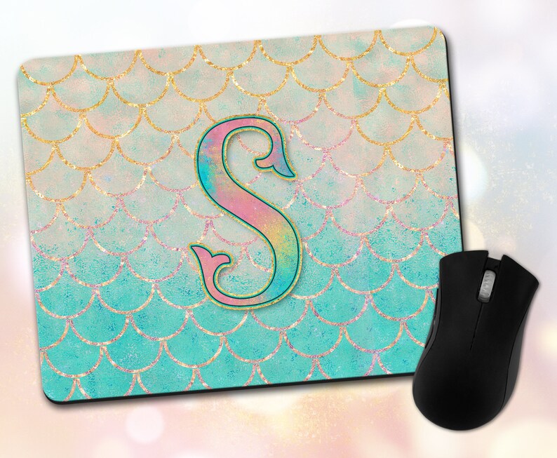 Fishtail Decor ~ Vivid Mermaid Scales Gift Monogram Teal Initial Gold Custom Mouse Pad /& Coaster ~ Personalized Non-Slip