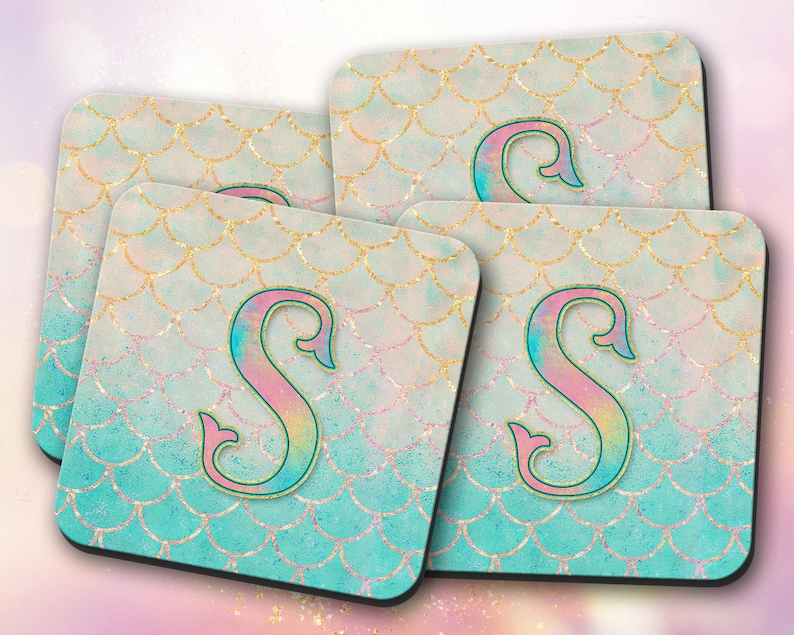Fishtail Decor ~ Vivid Mermaid Scales Gift Monogram Teal Initial Gold Custom Mouse Pad /& Coaster ~ Personalized Non-Slip