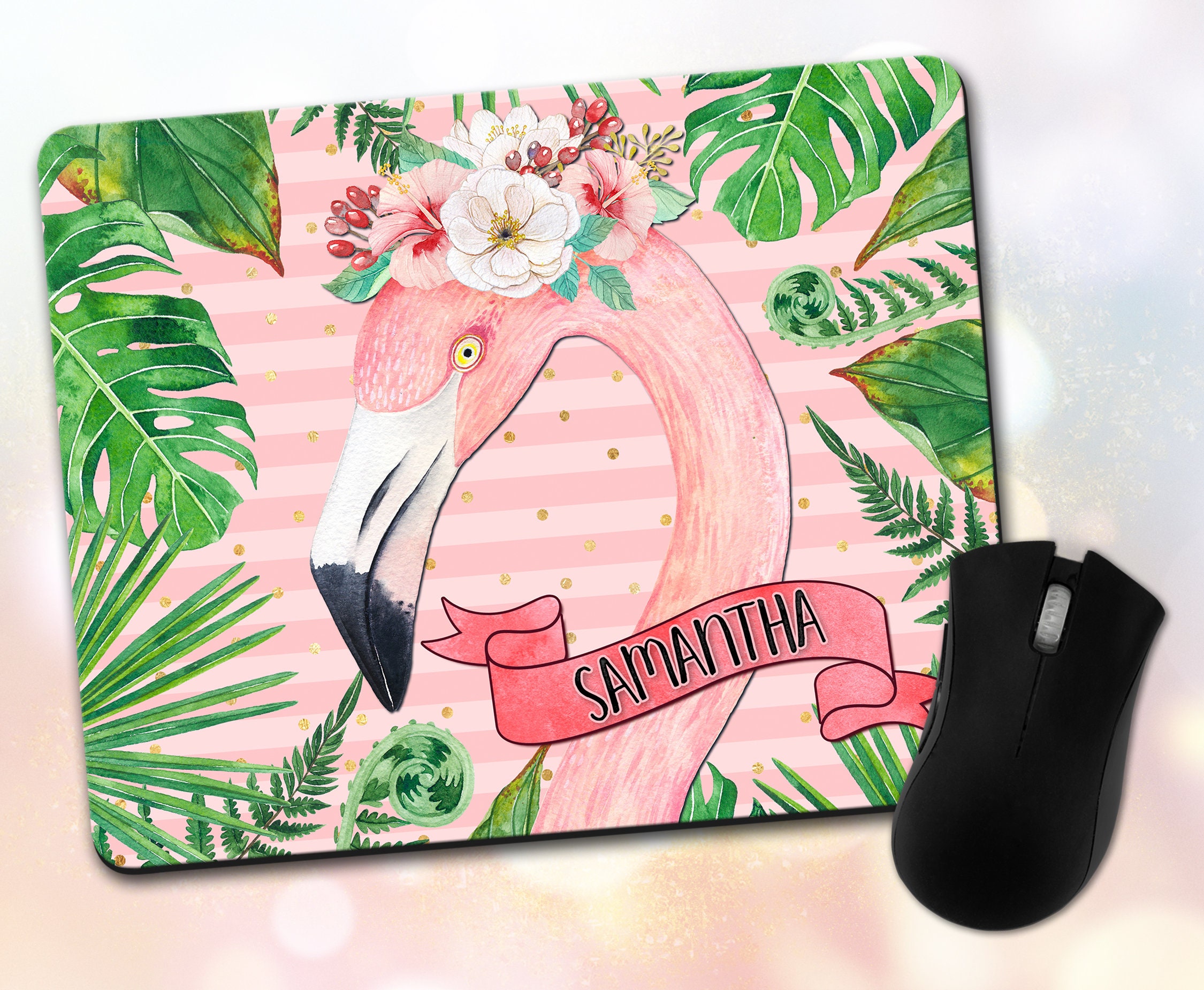 Personalized Flamingo Mouse Pad & Coaster Set Watercolor Etsy