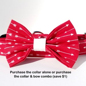 May include: Red dog collar with white arrow print and matching bow tie. Purchase the collar alone or purchase the collar & bow combo (save &pound;1).