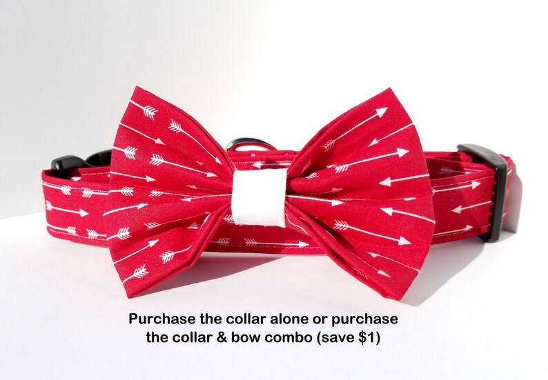 May include: Red dog collar with white arrow print and matching bow tie. Purchase the collar alone or purchase the collar & bow combo (save &pound;1).