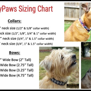 May include: A sizing chart for dog collars and bows. The chart shows different sizes for collars and bows, with corresponding measurements in inches. The chart also includes images of dogs wearing the collars and bows.