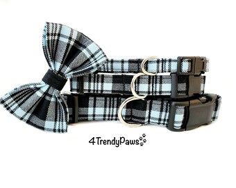 May include: A blue and black plaid dog collar with a matching bow tie. The collar has a black buckle and silver hardware. The text "4 Trendy Paws" is printed on the bottom of the image.