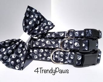 Skulls Collar, Halloween Collar, Small Dog Collar, Large Dog Collar, Boy Dog Collar, Girl Dog Collar, Cat Collar, Collar and Bow