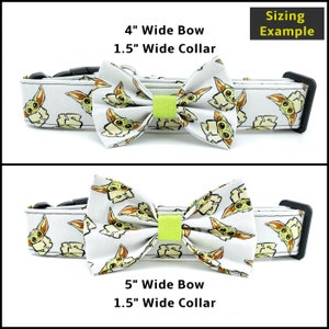 May include: Two images showing a white dog collar with a green and white bow tie. The top image shows a 4 inch wide bow tie and the bottom image shows a 5 inch wide bow tie. Both collars are 1.5 inches wide. The text "Sizing Example" is at the top of the image.