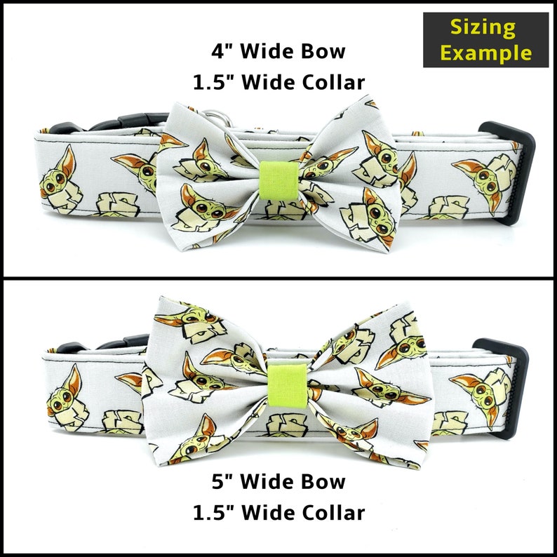 May include: Two images showing a white dog collar with a green and white bow tie. The top image shows a 4 inch wide bow tie and the bottom image shows a 5 inch wide bow tie. Both collars are 1.5 inches wide. The text "Sizing Example" is at the top of the image.