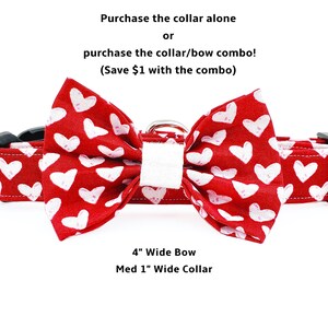 May include: Red dog collar with white hearts and a matching 4-inch wide bow tie.  "Purchase the collar alone or purchase the collar/bow combo! (Save &pound;1 with the combo)" text is visible.