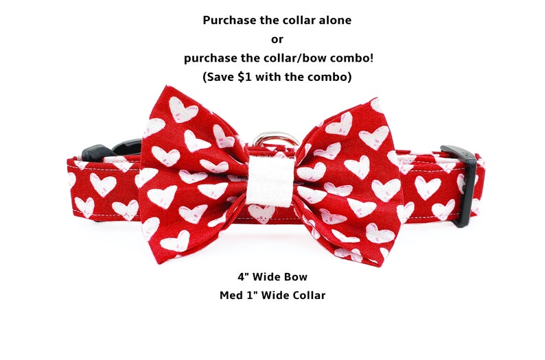 May include: Red dog collar with white hearts and a matching 4-inch wide bow tie.  "Purchase the collar alone or purchase the collar/bow combo! (Save &pound;1 with the combo)" text is visible.