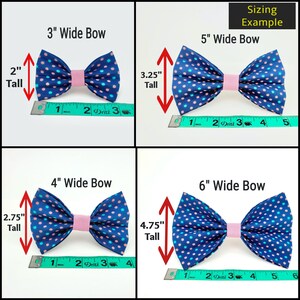May include: Four different sizes of blue and pink polka dot bow ties with pink ribbon centres. The bows are measured with a tape measure to show the width and height of each bow. The sizes are 3 inches wide by 2 inches tall, 5 inches wide by 3.25 inches tall, 4 inches wide by 2.75 inches tall, and 6 inches wide by 4.75 inches tall.