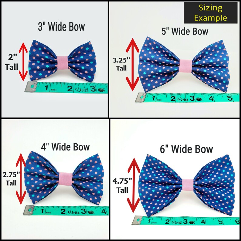 May include: Four different sizes of blue and pink polka dot bow ties with pink ribbon centres. The bows are measured with a tape measure to show the width and height of each bow. The sizes are 3 inches wide by 2 inches tall, 5 inches wide by 3.25 inches tall, 4 inches wide by 2.75 inches tall, and 6 inches wide by 4.75 inches tall.