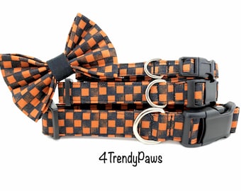 Fall Checkers Collar, Orange and Black Checkers Collar, Checkers Dog Collar, Halloween Dog Collar, Holiday Dog Collar