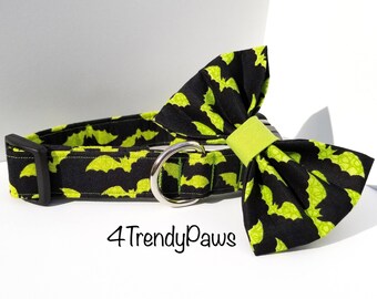 Green Bats Collar, Halloween Collar, Small Dog Collar, Large Dog Collar, Boy Dog Collar, Girl Dog Collar, Halloween Bow and Collar