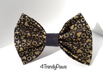 Gold X's O's Love Bow, Love Bow, Valentine's Day Bow, Girl Dog Bow, Boy Dog Bowtie, Small Dog Bow, Big Dog Bow, Bowtie, Gold Bow, Hearts Bow