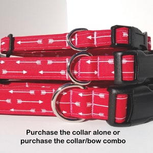 May include: Three red dog collars with white arrow patterns stacked on top of each other. The collars have black plastic buckles and silver metal D-rings. The text "Purchase the collar alone or purchase the collar/bow combo" is at the bottom of the image.