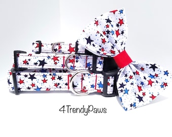 White Patriotic Stars Collar, 4th of July Collar, Red White & Blue Collar, Boy Dog Collar, Girl Dog Collar, Small Dog Collar, Big Dog Collar