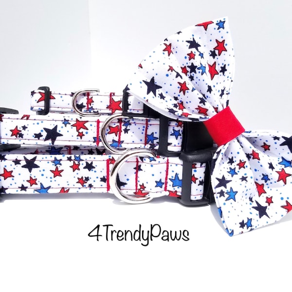 White Patriotic Stars Collar, 4th of July Collar, Red White & Blue Collar, Boy Dog Collar, Girl Dog Collar, Small Dog Collar, Big Dog Collar