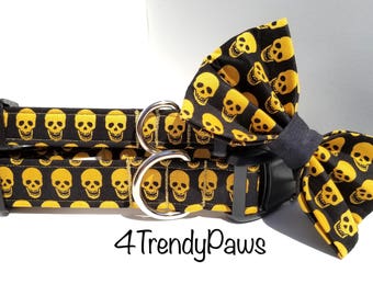 Gold Skulls Collar, Skulls Collar, Halloween Collar, Skulls Halloween Collar, Bow Combo, Boy Dog Collar, Girl Dog Collar, Large Dog Collar