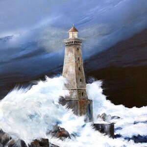 Light house wall art, lighthouse paintings, gray and white art, nautical art, lighthouse wall art, Storm paintings, paintings of waves