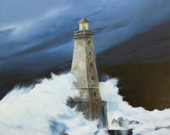 Light house wall art, lighthouse paintings, gray and white art, nautical art, lighthouse wall art, Storm paintings, paintings of waves