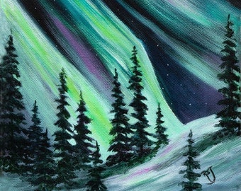 オーロラ、オーロラ、アラスカ先住民の芸術、森の絵画、雪の絵画