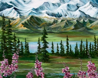 Denali National Park, Mt Denali Alaskan art, Alaska Native artist, wild flowers, mountain art, Alaska, Alaska Scenery, Glacier art, Snow art