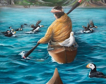 Aleut art, Alutiiq art, Aleutian Islands, alaska native art, Indigenous art, Alaska seascape painting, Puffins, Alaska Native art, Alaska