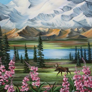 Denali National Park, Mt Denali Alaskan art, Alaska Native artist, wild flowers, mountain art, Alaska, wonder lake, Glacier art, Moose
