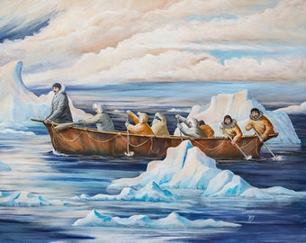 Alaskan Native paintings, yupik art, inupiat painting, native american paintings, Ice berg paintings, indigenous art, rowers