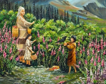 Salmon Berry Summer, Native American art prints, Alaska native made, Native American Paintings, Alutiiq, Sugpiaq, Aleut art, Indigenous art