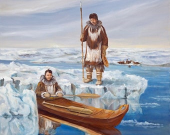 Dipinti nativi dell'Alaska, arte yupik, arte Inupiaq, dipinti dei nativi americani, dipinti di Ice berg, arte indigena, baia di Bristol, arte dell'Alaska