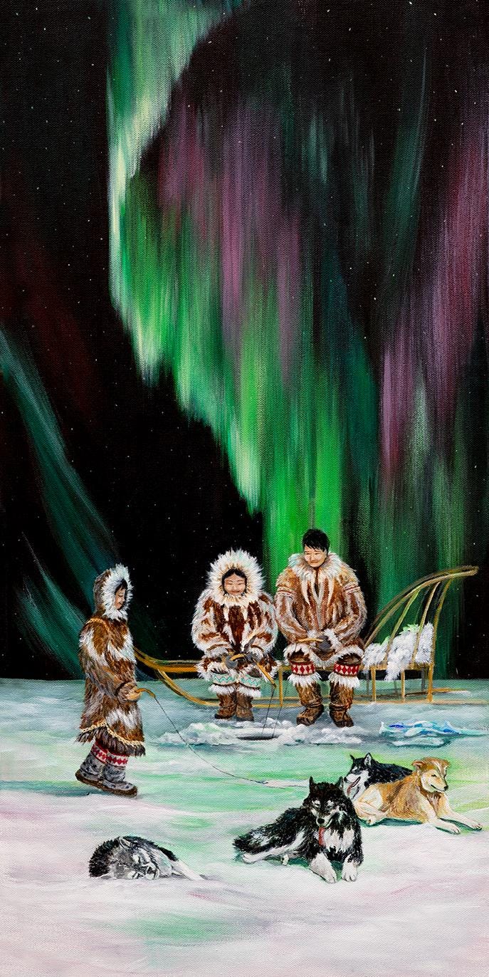 オーロラ、アラスカ、アラスカ先住民の芸術、氷上釣り、イヌピアックの