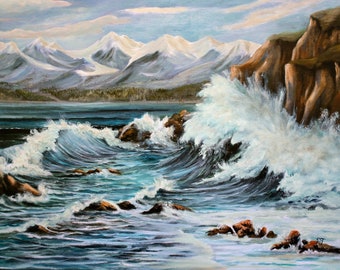 crashing waves seascape painting, coastal paintings, Seascape art, beach wall art, wave paintings, coast line wall art, best selling art